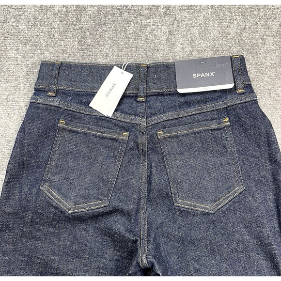 Spanx Jeans Womens Medium Petite Raw Indigo Flare Pull On 31.5" Inseam  NEW - Picture 4 of 13